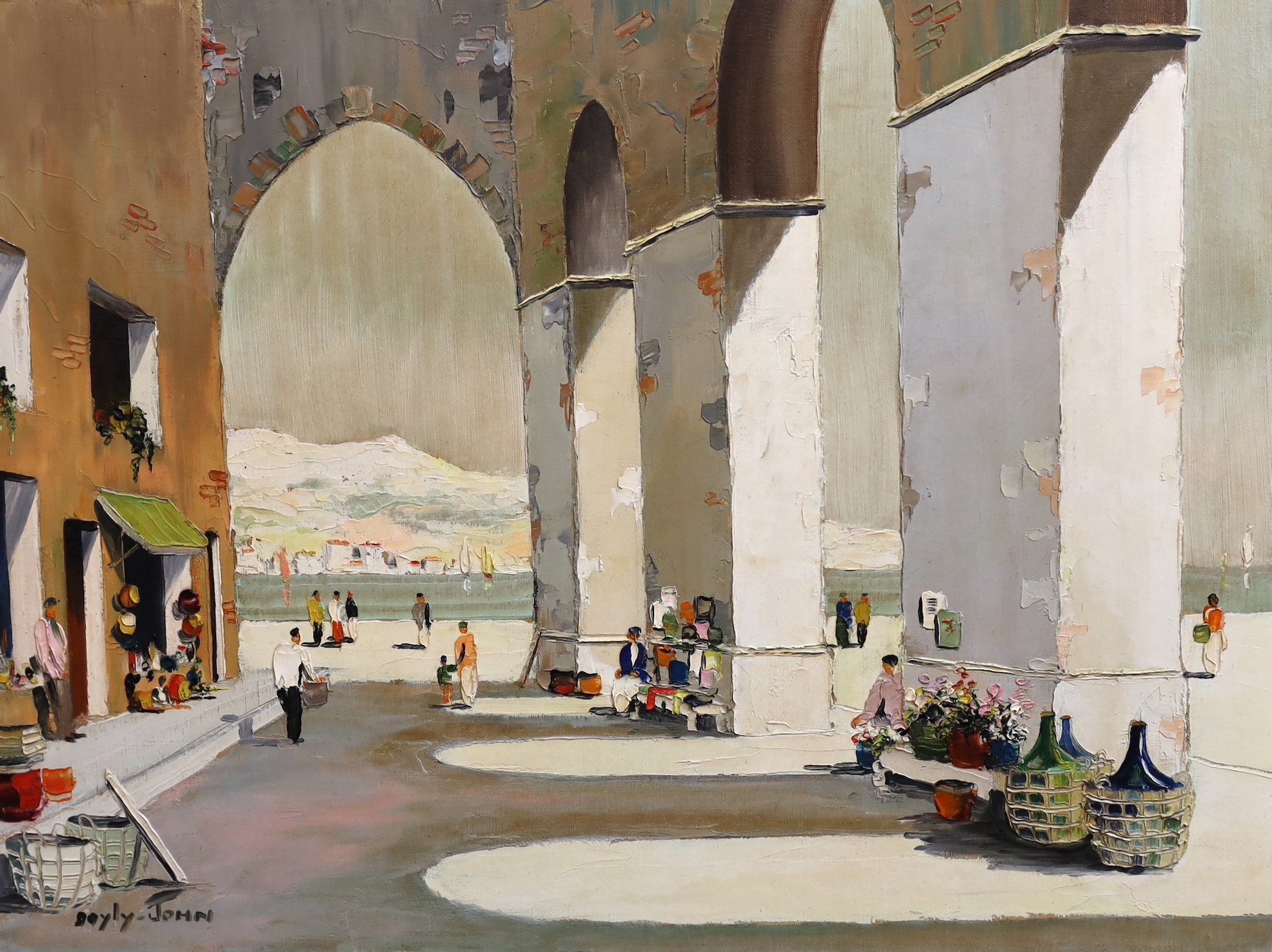 Cecil Rochfort D'Oyly-John (British, 1906-1993), Figures beneath arches, South of France, oil on canvas, 43 x 58cm, unframed